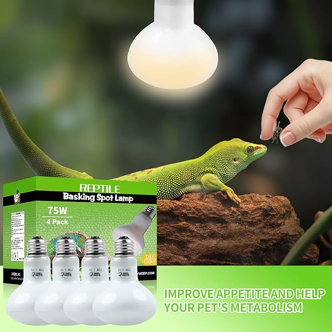 LUCKY HERP 4 Pack 75W Reptile Heat Lamp Bulb (2nd Gen), Amphibian Basking Light Bulb, Reptile Daylight Bulb for Turtle, Bearded Dragon, Lizard Heating Use