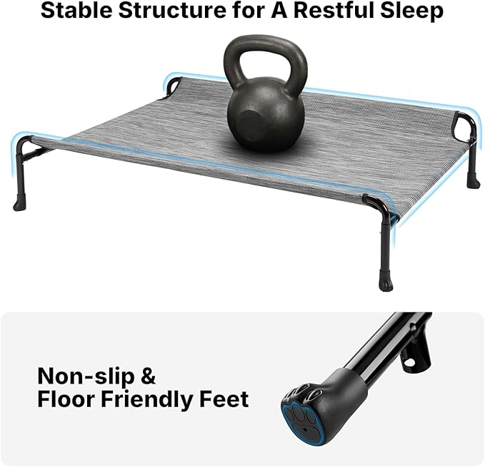 Veehoo Outdoor Dog Bed, Raised Dog Bed for Large Dogs, Elevated Dog Bed with Headrest, Washable Cooling Pet Cot, Breathable Dog Hammock for Camping & Indoor, Non-Skid, 41", Black Silver