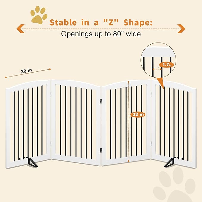 Freestanding Pet Gate for Dogs, Indoor Wooden Dog Gate for House, Foldable Dog Gate for Doorway, Stair, Gates for Dogs Indoor, 80 Inch Wide, 4 Panels 32", White