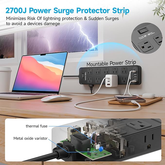 Power Strip Surge Protector Flat Plug with 20 AC Outlets 6 USB Chagring Ports, 1875W/15A, 2700J, 10 Ft Heavy Duty Extension Cord for Home, Office, Dorm, Gaming,ETL Listed (Black, 10 Feet)