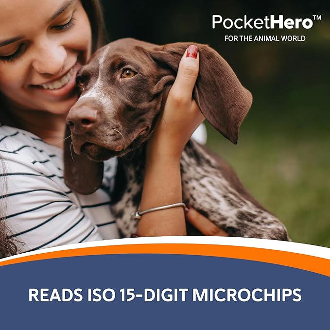 Pocket Hero ISO Microchip Scanner for Pets, Compact, Rechargeable Reader with Bright Display, USB Cable and Test Chip Included
