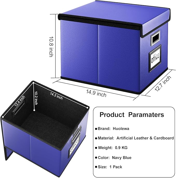 Huolewa File Organizer Box with Lid, Collapsible Leather File Folder Organizer for Office Document Storage, Filing Box with Plastic Slide for Letter/Legal Size Hanging Files,Navy Blue