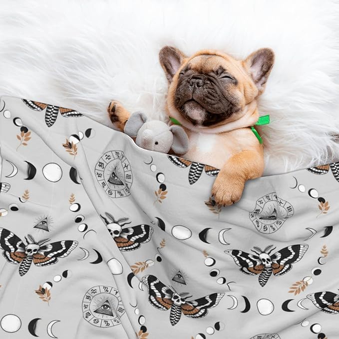 Reversible Plush Dot Pet Blanket for Dogs and Cats, Butterfly Dead Head Sun Moon, Ultra Soft Two Sided Design with Warm Fuzzy Side and Smooth Side for Comfort