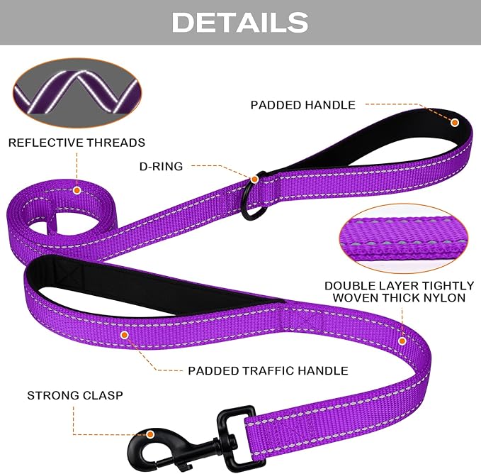 Joytale Dog Leash Heavy Duty for Large Dogs that Pull, Double Handle for Traffic Control, Double-Sided Reflective Leashes for Large Medium Dogs Night Safety, 5FT, Purple