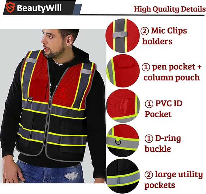 Custom Mesh Safety Vest Customized Logo Class2 High Visibility Reflective Vest with Pockets Construction workwear（Red Black，4XL ）