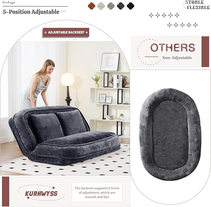 Extra Large Human Dog Bed for Adult & Pets, Convertible Floor Sofa Bed with 5 Adjustable Position, Lazy Couch Giant Bean Bag Lounge Chair Comfy Tatami with 3 Pillow for Bedroom Living Room (Dark Grey)