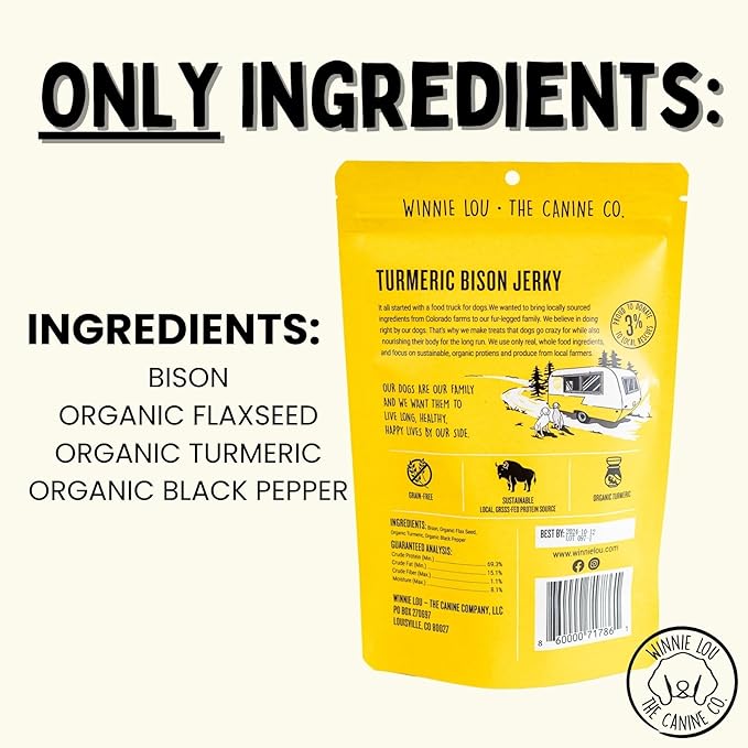 Winnie Lou Turmeric Bison Jerky Dog Treats – Limited Ingredient, Human Grade, Training Treats for Small, Medium & Large Dogs, USA Made, High Protein, Chews, Hypoallergenic, Sensative Stomach (2 Pack)
