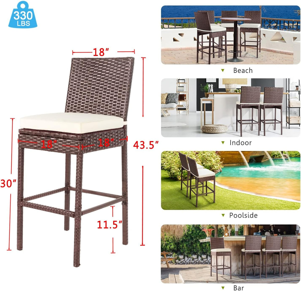 Outdoor Bar Stools Wicker Woven Patio Stools & Patio Bar Chairs Set of 4 Counter Bar Height Stools with Footrest Armless Cushion Beige All Weather Rattan Garden Stool for Pool Lawn Porch Backyard