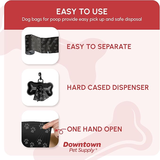 Downtown Pet Supply Poop Bags for Dogs with Dispenser, 220 Count - Leak-Proof Dog Waste Bags and Bone-Shaped Dog Poop Bags Holder for Leash - Black with Paw Prints, 12.5" x 8.5"
