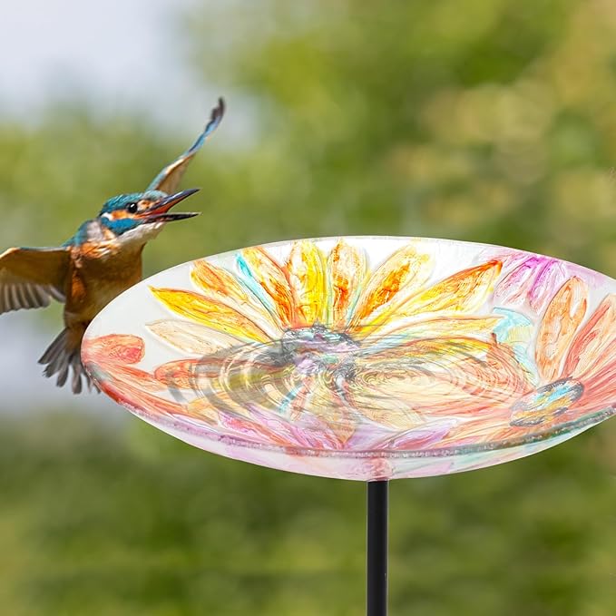 MUMTOP Glass Bird Baths for Outdoors-Outdoor Bird Bath Bowl- Watercolour Daisy Birdbaths Yard Stake, Bird Feeders for Outside, Garden, Patio, Lawn Decor