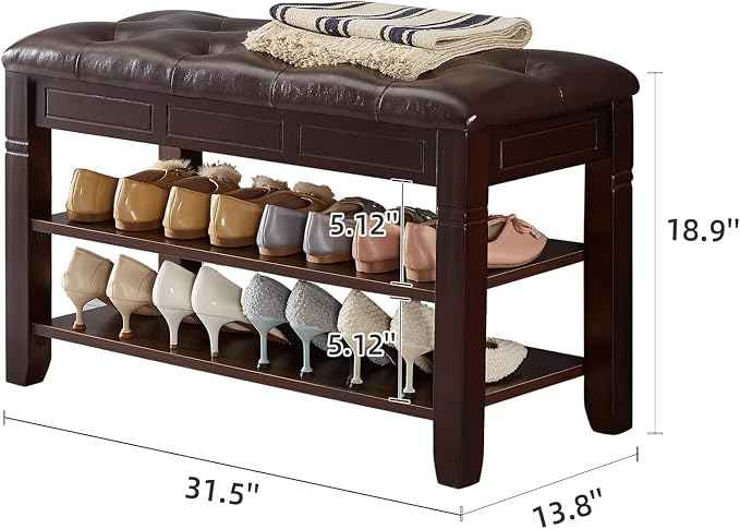 Shoe Storage Bench with Cushion, Entry Bench with Storage Solid Wood Shoe Bench