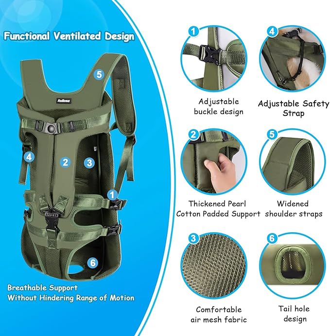 PetBonus Pet Front Dog Carrier Backpacks, Adjustable Pet Backpack, Legs Out Easy-fit Puppy Chest Carrier for Medium Small Dogs, Hands Free for Hiking, Cycling (Army Green, XL)