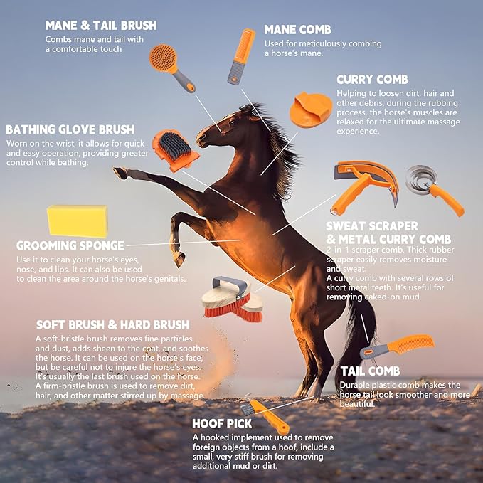 Horse Grooming Kit, Grooming Supplies Includes Horse Brushes and Handbag, Brush Set, Curry Comb, Hoof Pick, Sweat Scraper, Sponge Etc., Suitable Gifts for Riding Enthusiasts Lovers