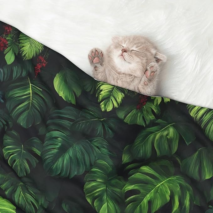 Waterproof Dog Blanket Soft Pet Blanket for Puppy Cat, Fleece Cat Throw Blankets for Furniture Bed Couch Sofa Reversible - Lush Foliage Green Plant