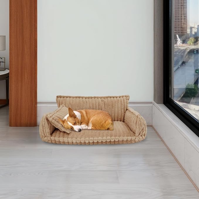 Pet Couch Calming Bed, Pet Couch with Removable Washable Cover, Plush Pets Sofa for Indoor Use, Supportive Orthopedic Dog Bed (Camel Color)