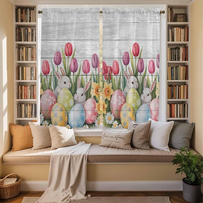Easter Window Curtains 63 Inch Long 2 Panel Set, Rod Pocket Bedroom Curtains &
