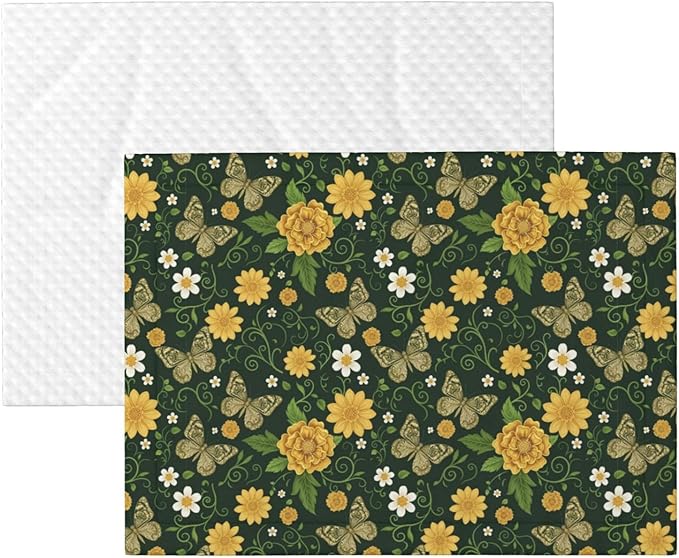 Double Sided Plush Pet Blanket for Small Large Animals, Gold Flowers with Butterfly, Reversible Throw with Dimpled Dot Side and Flat Side for Kennels Living Rooms