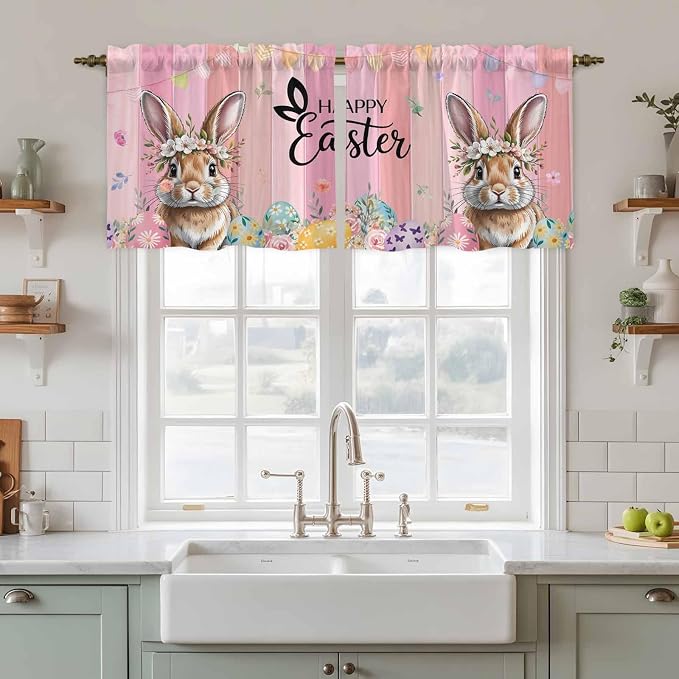 Easter Tier Curtains, Spring Rabbit Eggs Flowers Flags Leaves Wood Grain Light