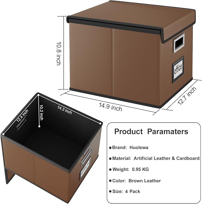 Huolewa Portable Leather File Organizer Boxes with Lids, Office Document Boxes Organizer, Filing Boxes, Decorative Small File Boxes for Hanging Files with Plastic Slide for Office/Decor/Home