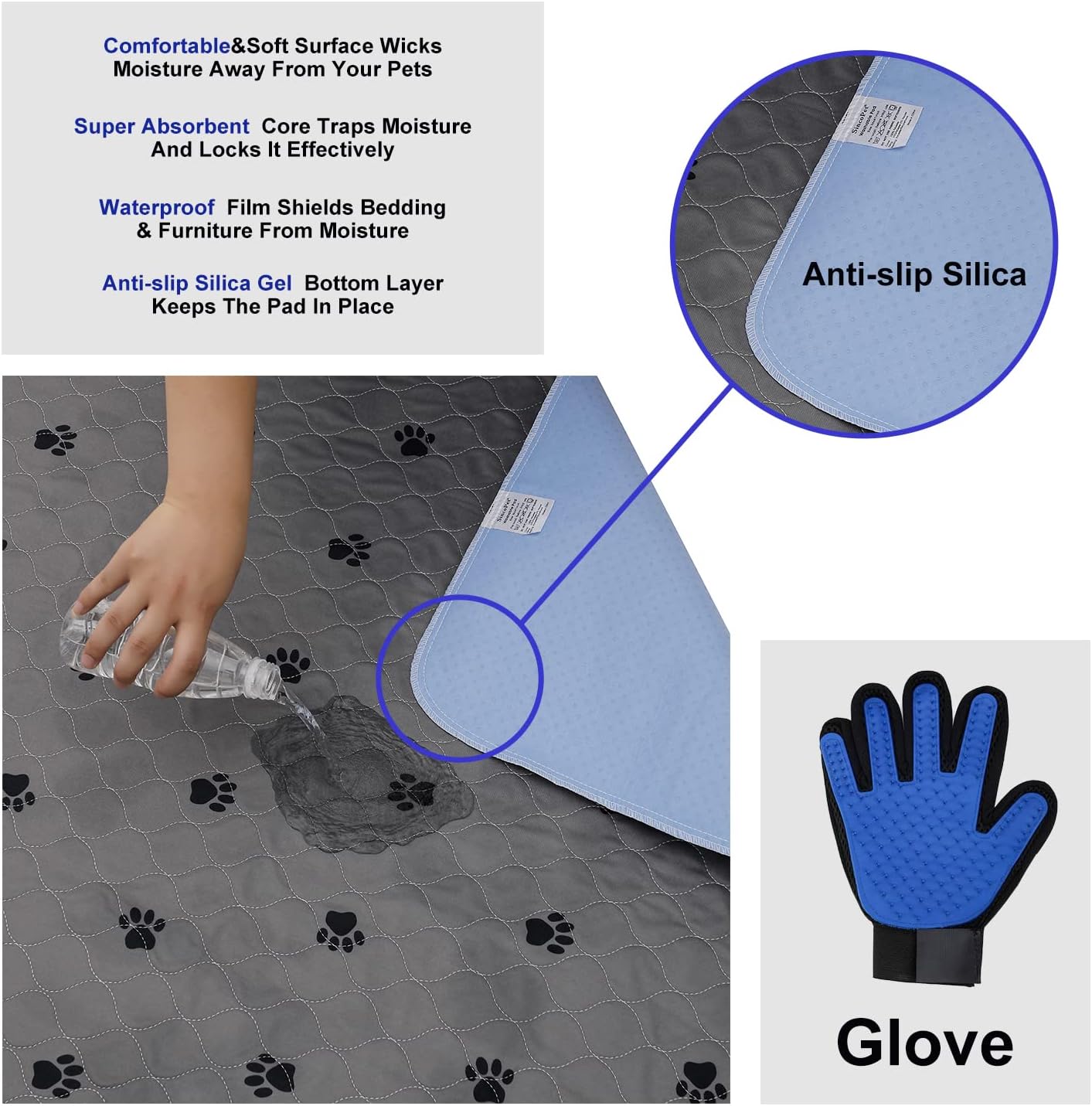 SincoPet Washable Pee Pads for Dogs + Free Puppy Grooming Gloves/Quilted, Fast Absorbing Machine Washable Dog Whelping Pad/Waterproof Puppy Training Pad/Housebreaking Absorption Pads