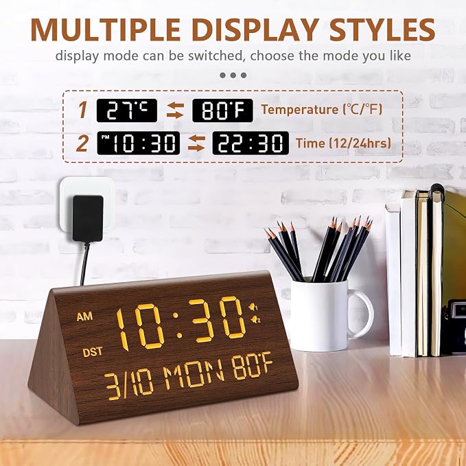Kogonee Wooden Digital Alarm Clock, 0-100% Dimmer, 2 Alarm Settings,