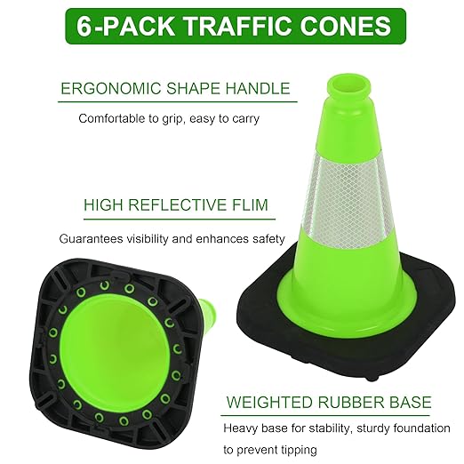 OrangeStar 12" Traffic Cones 6-Pack, Green Safety Cones with Reflective Collar & Heavy Duty Base for Driving Practice, Parking Lots, Roadwork, Construction, Indoor & Outdoor Use