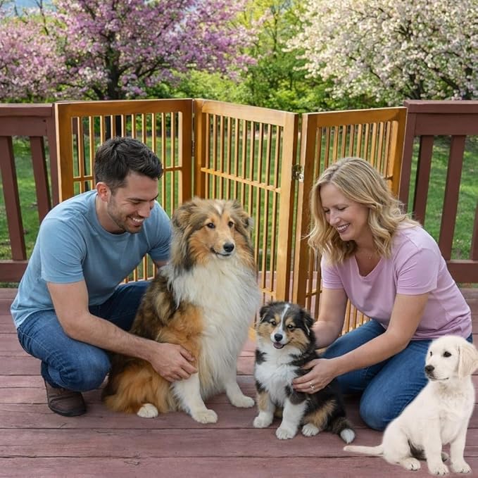 Urnporium Pet Dog Gate Freestanding, Strong Durable Folding Wooden Fence, Portable Acacia Hardwood Safety Barrier for Indoor & Outdoor Use (Brown Pet Gate, 3 Panel 30" Tall)