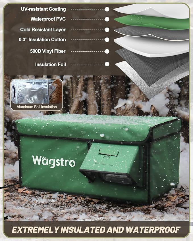 Heated Cat House for Outside, Waterproof Awning & Escape Door Heated Cat Houses for Indoor/Outdoor Cats in Winter, Elevated & Insulated Outdoor Cat Shelter for Feral Cat(Green, 16.5"x12.6"x12.6")
