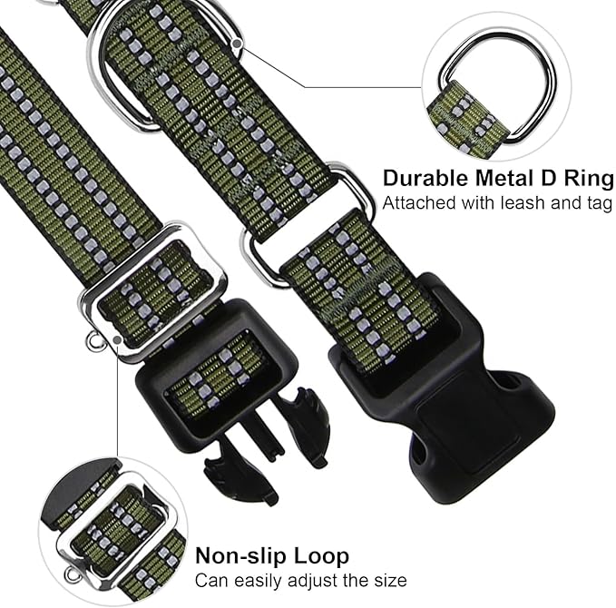 Martingale Dog Collar, Adjustable Nylon Reflective Collar with Quick Release Buckle (Forest Green, Medium)