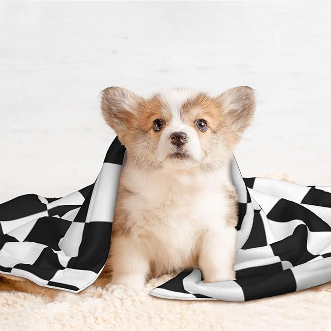 Double Sided Pet Throw for Dogs Who Shed, Checkered Race Waving Flag, Reversible Blanket with Nubby Dot Side Catches Loose Fur for Easier Furniture Cleanup