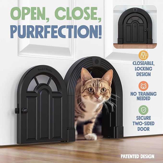 Purrfect Portal Meow Manor® XL Interior Cat Door – No-Flap Pet Door for Interior Doors, Easy DIY Installation, Cat Door for Cats up to 30 lbs, Black