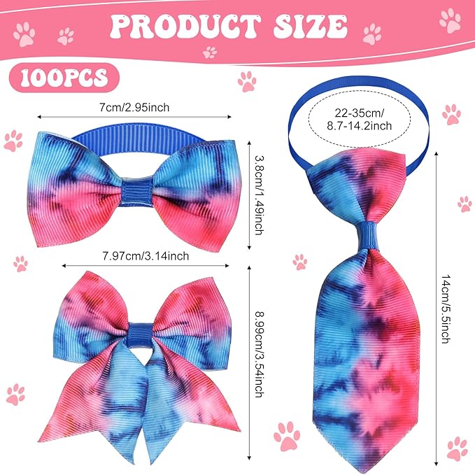 Reginary 100 Pieces Dog Bow Tie Collar Set Include 40 Dog Neckties, and 30 Puppy Bowties, 30 Collar Flowers, Adjustable Pet Ties Grooming for Small Medium Cats Pets Supply(Tie-dye)