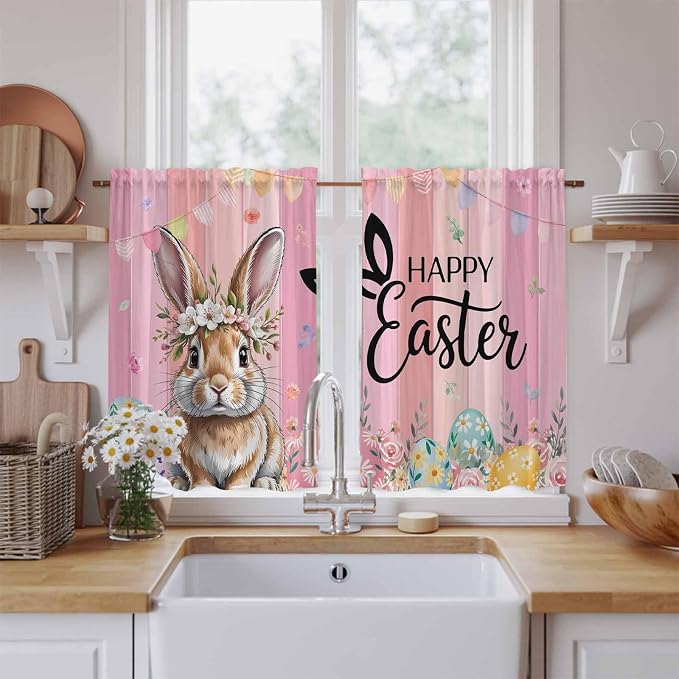 Easter Kitchen Curtains, Spring Rabbit Eggs Flowers Flags Leaves Wood Grain