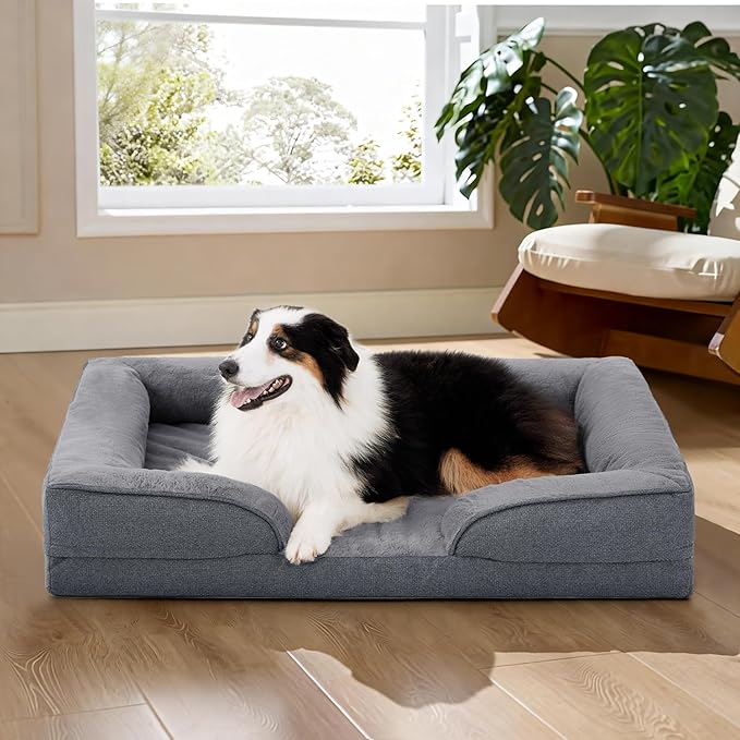 MADE 4 PETS Orthopedic Dog Bed for Extra Large Dogs, Supportive Foam XL Pet Bed Sofa with Washable Removable Cover, Waterproof Large Dog Couch Bed, Non-Slip Bottom and Egg-Crate Foam, Grey