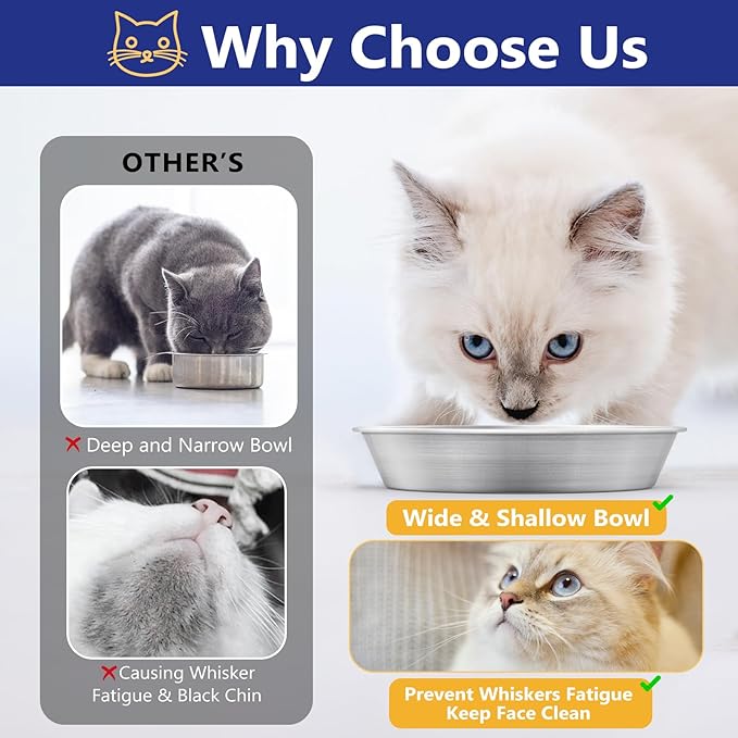 2-Pack Stainless Steel Cat Food Bowls, Shallow Whisker-Friendly Non-Slip Silicone Base Metal Dishes, Easy to Clean Indoor Water Flat Plates for Cat, Kitten, Small Dog (5.9")