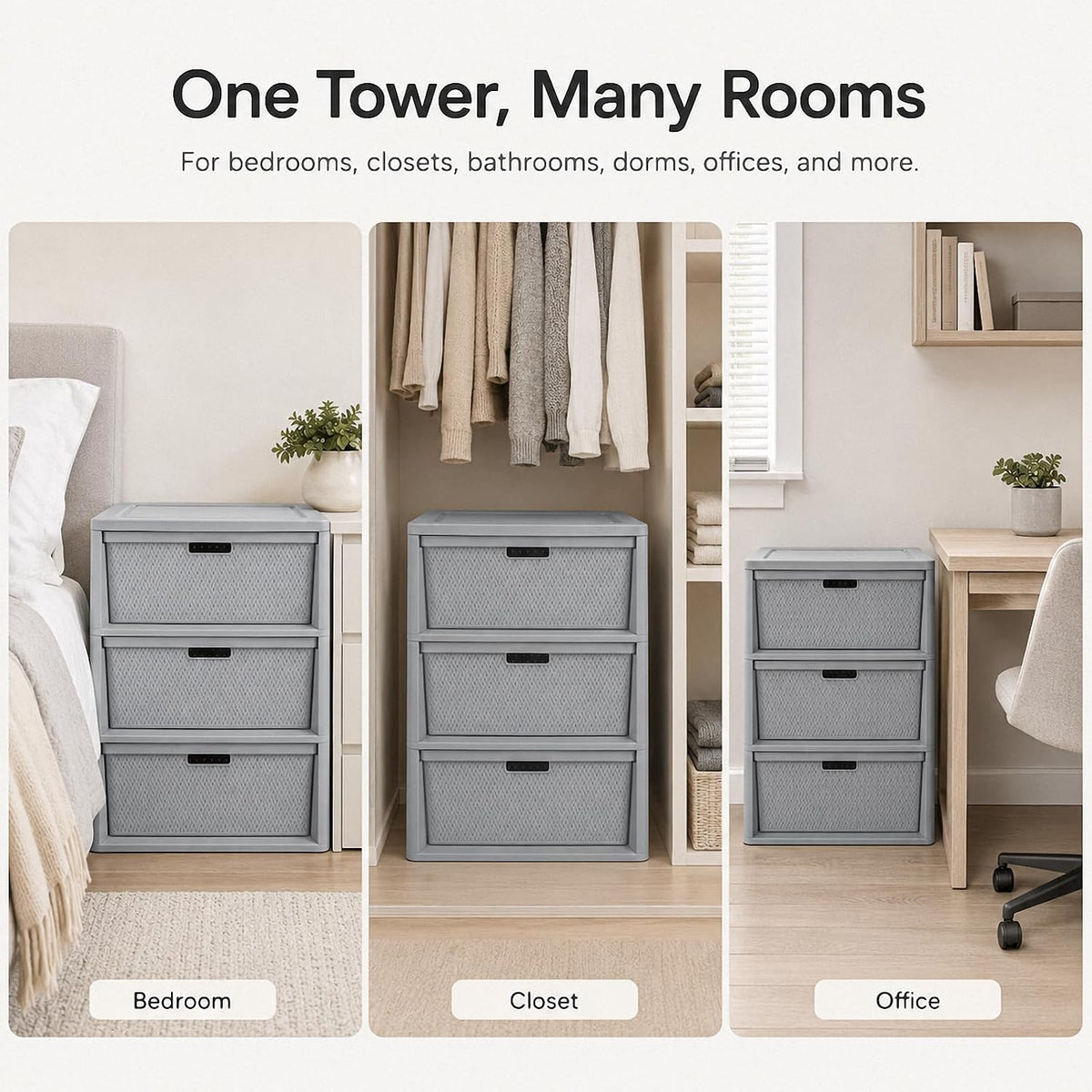 3 Drawer Storage Organizer, Plastic Drawer Organizer Tower, Gray