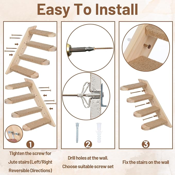 2 Pack 4 Steps Cat Wall Shelves, Wood Wall Mounted Stairs with Sisal Rope, Cat Climber/Ladder Furniture Climbing Shelves for Pet Perch & Play
