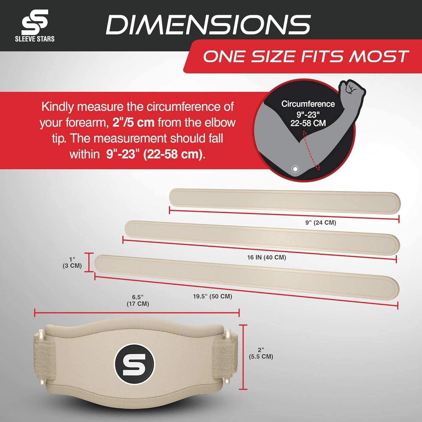 Sleeve Stars Tennis Elbow Brace for Men & Women, Tendonitis Elbow Brace & Strap Golfers Elbow Brace Counterforce Band for Tendon Pain Relief & Support for Forearm w/ 3 Straps Fits 9-23" (Single) (2, Beige, One Size)