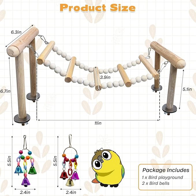 PINVNBY 3PCS Bird Ladder Bridge, Natural Wood Climbing Ladders Flexible Parrot Swing Toys for Parakeets, Cockatiels, Lovebirds, Amazon Parrots, Conures (11 x 6.3 x 6.7 inches)