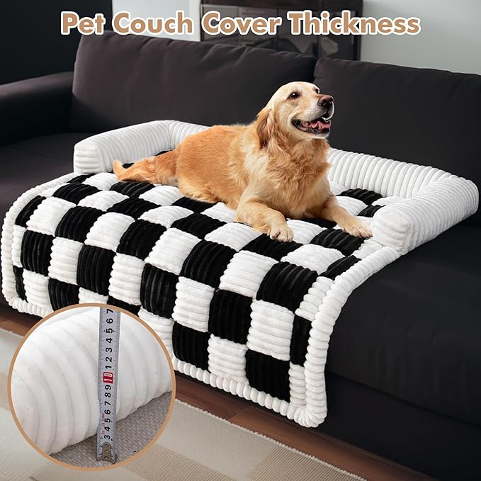 LiveGo Fuzzy Pet Couch Covers for Sofa, Dog Couch Cover Fuzzy Sofa Cover Cream Square Plaid Dog Bed Plush Dog Mat for Furniture Protector for Large Medium Dogs and Cats
