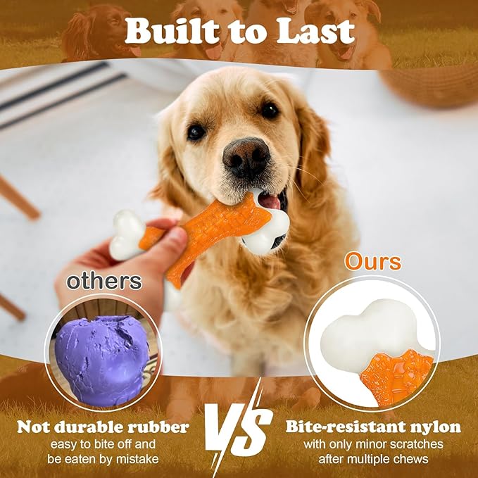 10-Pack Indestructible Dog Toys for Aggressive Chewers: Peanut Butter Flavored Hard Nylon Bone Chew Toys, Tough Dog Chew Toys, Dog Toys to Keep Them Busy for Medium Large Dogs, Orange