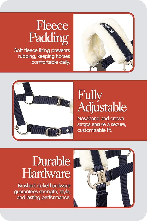 HORZE Howard Soft Fleece Padded Adjustable Polyester Horse Halter - Peacoat Dark Blue - Warmblood