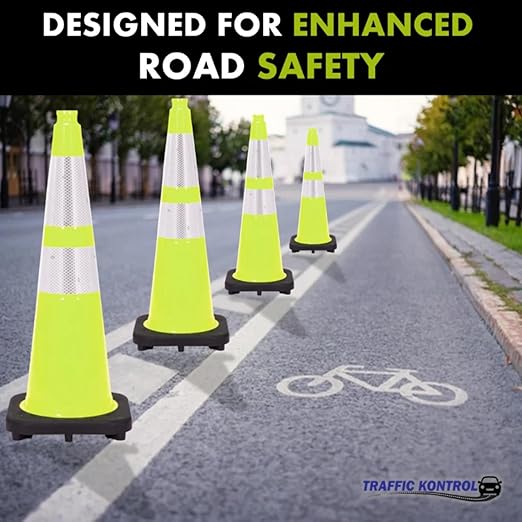 24 Pack 28" Inch Lime Traffic Safety Cones with Dual Reflective Collars - High Visibility Industrial Pylons Traffic Cones for Road, Parking Lots, Driving, Construction