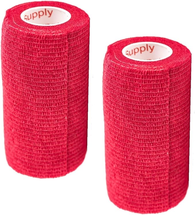 Vet Wrap Tape (Red) (2 Pack) (3 Inch x 15 feet) Self Adhesive Adherent Adhering Cohesive Flex Self Stick Bandage Grip Roll Dog Cat Pet Horse