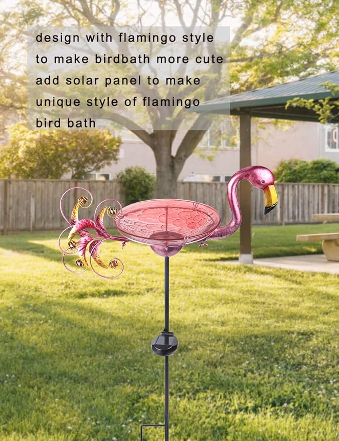 MUMTOP Outdoor Bird Bath Solar Birdbath Small Birdfeeder with Flamingo Metal Stake for Garden Yard Decor