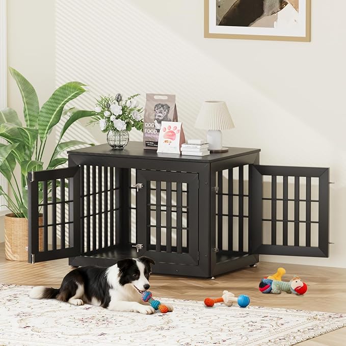38" Heavy Duty Dog Crate Furniture for Small,Medium and Large Dogs,Rustic Wooden Dog Cage Kennel Indoor Furniture with Waterproof Top,Decorative Pet House Side End Table (Black)