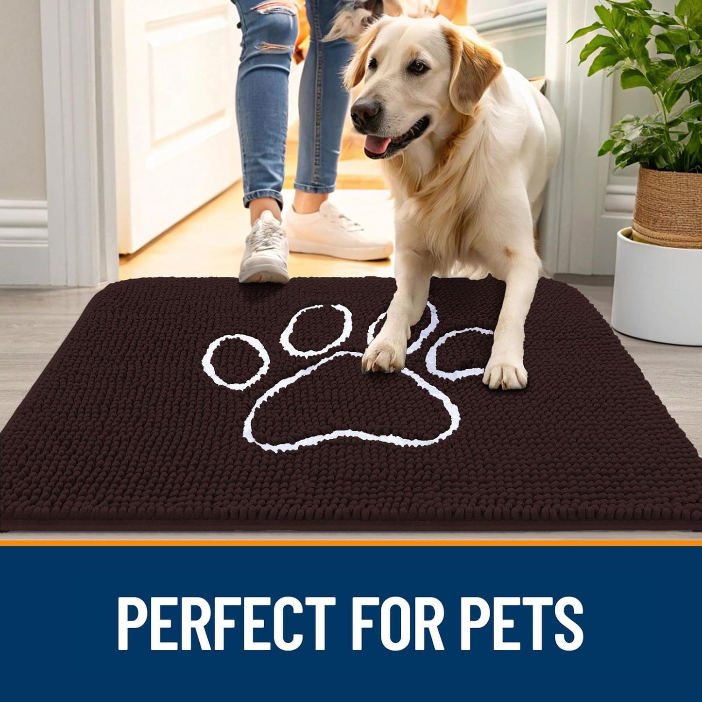 OLANLY Door Mat for Muddy Dog Paws 59x24, Ultra Absorbent Chenille Mud Doormat with Paw Print Design, Non-Slip Washable Doormat for Indoor Entryway, Quick-Dry Pet Bed Mats for Dirty Dogs, Brown