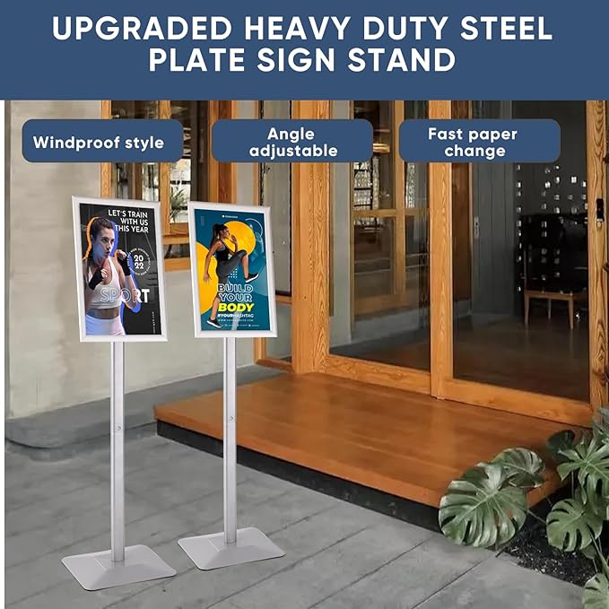 DISPLAYSWORKER Adjustable Heavy Duty Pedestal Sign holder floor Stand,sign stand poster stand Aluminum Snap Open Frame,Standing Floor for 11x 17 inch,Vertical/Horizontal View,SILVER