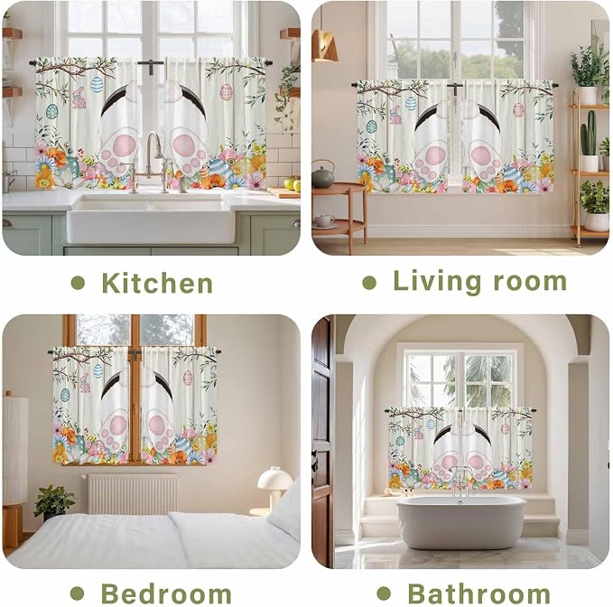 Easter Kitchen Tier Curtains 45 Inch Long 2 Panel Set, Rod Pocket Short Window