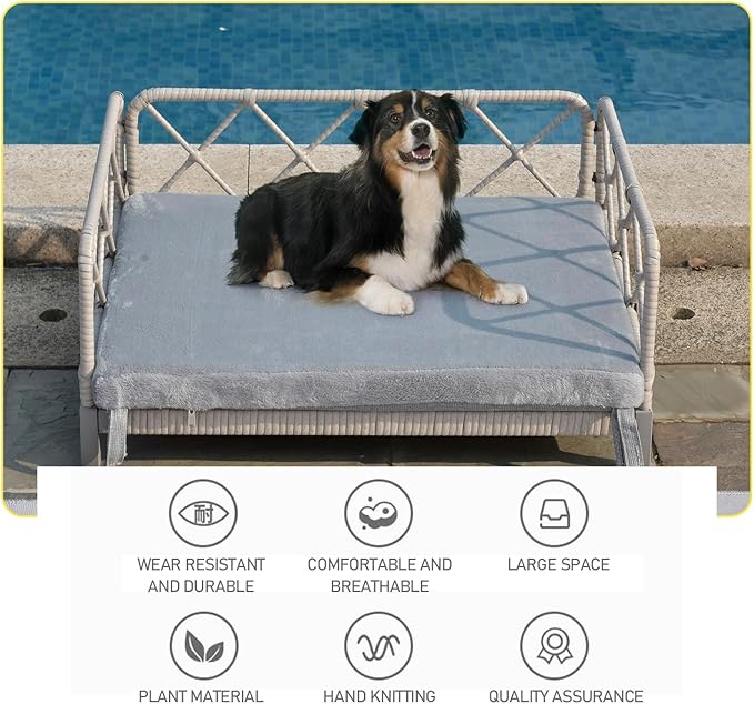 Boho Rattan Dog Bed, Pet Sofa Couch Bed with Removable Cushions - Indoor/Outdoor Durable Pet Furniture for Small/Medium Dogs (Gray)